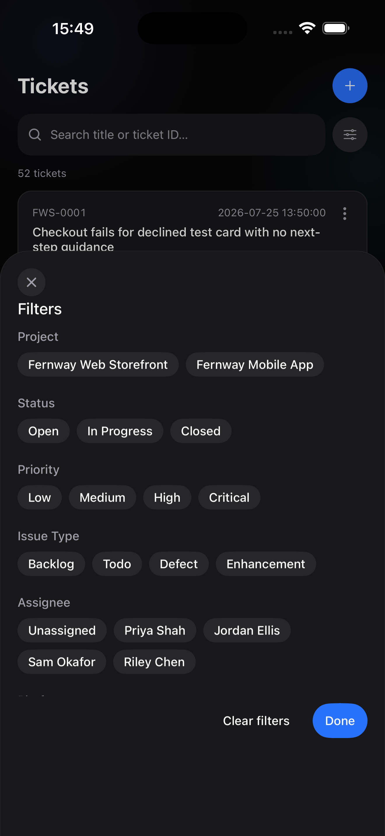 Ticket filters